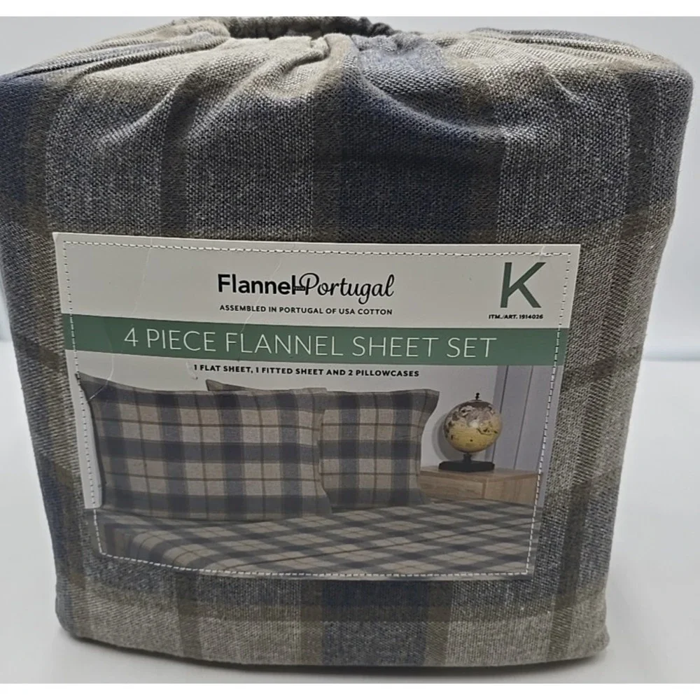 Flannel From Portugal Winter Check Flannel Sheet Set 4 Piece King‎ 100% Cotton
